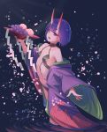  1girl absurdres bangs bare_shoulders bob_cut breasts collarbone eyeliner fangs fate/grand_order fate_(series) food fruit fruit_bowl grapes highres horns japanese_clothes kimono long_sleeves looking_at_viewer makeup navel off_shoulder oni oni_horns open_clothes open_kimono open_mouth peach petals purple_eyes purple_hair purple_kimono revealing_clothes ripples sawarineko short_hair shuten_douji_(fate/grand_order) skin-covered_horns small_breasts smile thighs wading water wide_sleeves 