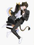  1boy 1girl animal_ears bangs black_hair black_jacket black_pants black_skirt blush brown_hair chitanda_eru closed_mouth collar collared_jacket collared_shirt couple dog_ears dog_tail face-to-face footwear_removed full_body gakuran green_eyes grey_background hair_between_eyes hetero highres holding_hands hyouka jacket kamiyama_high_school_uniform kneehighs long_hair long_sleeves looking_at_another mery_(yangmalgage) oreki_houtarou pants parted_lips purple_eyes sailor_collar school_uniform serafuku shirt short_hair simple_background skirt smile socks surprised tail uniform watch watermark white_legwear white_shirt wristwatch 