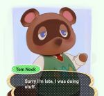  animal_crossing argyle_(pattern) blue_background blue_eyes blush brown_body brown_fur canid canine clothed clothing comic comic_panel dialogue dress_shirt english_text fully_clothed fur green_clothing green_topwear green_vest hand_raised male mammal melanpsycholia necktie nintendo raccoon_dog red_tie shirt simple_background solo speech_bubble standing tanuki text tom_nook_(animal_crossing) topwear vest video_games white_background white_clothing white_shirt white_topwear 