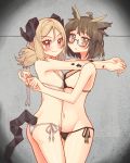  2girls arknights bangs bikini blonde_hair brown_hair eyebrows_visible_through_hair glasses hair_between_eyes horns ifrit_(arknights) long_hair looking_at_viewer micro_bikini multiple_girls navel orange_eyes owl_ears sai_koro short_hair silence_(arknights) smile swimsuit tail twintails 