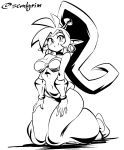  2020 black_and_white blush bracelet breasts cleavage clothed clothing ear_piercing ear_ring eyelashes female footwear genie hair hands_on_thighs hi_res humanoid humanoid_pointy_ears jewelry kneeling long_hair looking_at_viewer midriff monochrome navel not_furry piercing ponytail sem-l-grim shantae shantae_(series) simple_background smile solo video_games wayforward white_background 