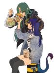  2girls :t alternate_costume alternate_hairstyle arknights bag black_jacket black_legwear black_shirt black_shorts blue_hair blue_jacket blue_pants breasts bubble_tea casual ch&#039;en_(arknights) chips closed_mouth commentary cowboy_shot cup denim denim_jacket dragon_horns dragon_tail drinking_straw eating eyebrows_visible_through_hair feeding food green_hair hair_between_eyes hair_down highres holding holding_bag holding_cup holding_drink hood hooded_jacket horns hoshiguma_(arknights) jacket latutou1 long_hair medium_breasts multiple_girls nirvana_(band) oni_horns open_clothes open_jacket open_mouth pants plastic_bag pointy_ears potato_chips red_eyes shirt short_shorts shorts simple_background single_horn sitting small_breasts standing straight_hair symbol_commentary tail thighhighs thighs white_background white_shirt yellow_eyes 