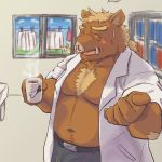  1:1 2020 anthro belly blush bottomwear brown_body brown_fur clothing detailed_background eyes_closed fur humanoid_hands inside kemono male mammal moobs navel ojijinotete overweight overweight_male pants shirt solo suid suina sus_(pig) topwear wild_boar 