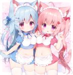  2girls ahoge animal_ear_fluff animal_ears apron arm_up asymmetrical_docking blue_hair blue_shirt blue_skirt blush breast_press breasts cat_ears cat_tail clenched_hand crop_top fang food_themed_hair_ornament hair_ornament hairclip heart highres holding_hands koma_momozu long_hair maid maid_headdress midriff miniskirt multiple_girls navel open_mouth oppai_loli original pink_background pink_eyes pink_hair pink_shirt pink_skirt red_eyes ribbon shirt simple_background skirt smile tail thighhighs thighs twintails two_side_up waist_apron white_apron white_legwear white_shirt zettai_ryouiki 