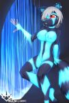  big_breasts black_body black_fur blue_body blue_fur breasts canid canine cave eve female fox fur glowing glowing_body glowing_fur grey_hair hair long_legs macmegagerc mammal red_eyes rock rt001 short_hair sitting slim solo water waterfall watermark 