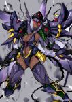  1girl commission corruption dark_persona dark_skin dated glowing glowing_eyes grey_background highres i.takashi looking_down mecha_musume open_hands personification red_eyes signature solo super_robot_wars super_robot_wars_original_generation weissritter 