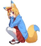  1girl absurdres animal_ears bangs blonde_hair blue_hair blue_jacket blush bow closed_mouth commentary_request copyright_request fox_ears fox_girl fox_tail full_body hair_bow hands_on_own_cheeks hands_on_own_face highres jacket long_sleeves medium_skirt multicolored_hair open_clothes open_jacket red_bow red_eyes red_skirt sakura_chiyo_(konachi000) short_hair signature simple_background skirt sleeves_past_wrists smile solo squatting tail thighhighs two-tone_hair virtual_youtuber white_background white_footwear white_legwear yamano_kayo 