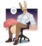  anthro balls big_balls big_penis boosterpang chair clothed clothing english_text furniture genitals huge_balls huge_penis hyper hyper_balls hyper_genitalia hyper_penis lagomorph leporid male mammal muscular muscular_male office_chair penis rabbit solo speech_bubble text 