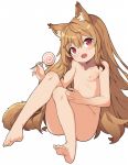  1girl animal_ears areolae arknights bangs barefoot blush breasts brown_hair candy ceobe_(arknights) collarbone eyebrows_visible_through_hair fang food hair_between_eyes highres kotoba_(1074421015) lollipop long_hair nipples open_mouth red_eyes simple_background sitting skin_fang small_breasts solo tail white_background 
