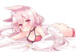  1girl ahoge animal_ear_fluff animal_ears ass blackrosebit blush bottomless bunny_ears camisole choker commentary_request flat_chest hair_ornament hairclip jacket long_hair low_twintails lying off_shoulder on_stomach open_mouth pink_eyes pink_hair red_camisole sheet_grab simple_background solo striped striped_legwear tears thighhighs tomari_mari tomari_mari_channel trembling twintails virtual_youtuber white_background white_jacket 