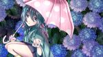  flowers gray_eyes green_hair hatsune_miku long_hair rain tagme_(artist) umbrella vocaloid water 