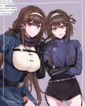  2girls bangs belt black_gloves black_scarf blue_jacket bodysuit breasts brown_eyes brown_hair character_request girls_frontline gloves hair_ribbon hairband highres jacket js_9_(girls_frontline) large_breasts long_hair looking_at_viewer mmm_(ji1945) multiple_girls red_eyes ribbon scarf simple_background smile twintails type_79_(girls_frontline) v 