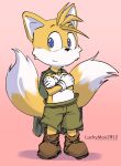  2018 anthro blue_eyes canid canine clothing footwear fox fur gloves handwear hi_res luckymax2012 male mammal miles_prower signature simple_background solo sonic_the_hedgehog_(series) video_games 
