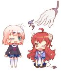  2girls ahoge blush brown_hair cardigan chiyoda_momo curled_horns demon_girl demon_horns demon_tail eyebrows_visible_through_hair green_eyes hair_ornament horns long_hair machikado_mazoku multiple_girls open_mouth orange_eyes pantyhose pink_hair sai_koro school_uniform shiny shiny_hair short_hair simple_background tail tears translation_request white_background yoshida_yuuko_(machikado_mazoku) yuri 