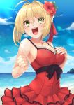  1girl ahoge bangs bare_shoulders blonde_hair blue_sky blush braid breasts cleavage collarbone dress dress_swimsuit fate/grand_order fate_(series) flower french_braid green_eyes hair_flower hair_intakes hair_ornament hair_ribbon hand_on_own_chest highres large_breasts long_hair looking_at_viewer nero_claudius_(fate)_(all) nero_claudius_(swimsuit_caster)_(fate) ocean open_mouth red_dress red_ribbon ribbon shochiku shore sky smile 