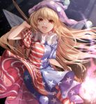  1girl american_flag_dress american_flag_legwear arm_up black_background blonde_hair clownpiece cowboy_shot fairy_wings fang fire floating_hair hat highres holding jester_cap long_hair looking_at_viewer mozuno_(mozya_7) neck_ruff open_mouth pantyhose polka_dot purple_headwear red_eyes short_sleeves smile solo star_(symbol) striped torch touhou very_long_hair wind wings 
