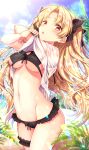  1girl bangs bikini black_bikini black_bow black_nails blonde_hair blurry blurry_foreground blush bow bow_bikini breasts cleavage crossed_arms day depth_of_field ereshkigal_(fate/grand_order) eyebrows_visible_through_hair fate/grand_order fate_(series) frilled_bikini frills hair_bow highres lifted_by_self long_hair looking_at_viewer medium_breasts nail_polish outdoors palm_tree parted_bangs parted_lips red_eyes sakura_tsubame shirt shirt_lift short_sleeves solo swimsuit tree two_side_up undressing very_long_hair white_shirt 