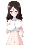  1girl artist_name bare_shoulders black_hair blue_eyes blush breast_grab breasts closed_mouth covered_nipples dated eyebrows_visible_through_hair girls_und_panzer grabbing groin highres kuzuryuu_kennosuke large_breasts long_hair looking_at_viewer navel nonna_(girls_und_panzer) shiny shiny_hair shiny_skin simple_background solo upper_body white_background 