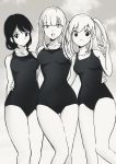  3girls hand_on_hip highres kajino_(aosansai) katou_asuka long_hair low_twintails monochrome multiple_girls nemoto_hina one-piece_swimsuit smile swimsuit tamura_yuri twintails two_side_up v watashi_ga_motenai_no_wa_dou_kangaetemo_omaera_ga_warui! 