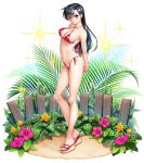  1girl arms_behind_back bikini black_hair blue_eyes blush breasts cleavage collarbone covered_nipples diorama earrings faux_figurine fence flower full_body highres hip_bones jewelry large_breasts lips long_hair looking_at_viewer navel nobushito palms parted_lips pose red_bikini sand simple_background solo standing stomach swimsuit taimanin_(series) taimanin_asagi white_background wooden_fence zol 