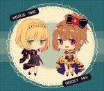  2girls alternate_costume armband bangs bare_legs bare_shoulders black_bow black_dress black_footwear black_gloves black_ribbon blonde_hair blue_background blush bow braid brown_hair character_name chibi closed_mouth cocktail_dress commentary crown_braid dress dress_lift earrings english_commentary eyebrows finger_to_chin flower frilled_dress frills frown full_body girls_frontline gloves green_eyes grizzly_mkv_(girls_frontline) hair_bow hair_flower hair_ornament hair_ribbon jewelry lifted_by_self multiple_girls open_mouth pout purple_eyes red_flower ribbon shiny shiny_hair shoes short_hair sidelocks silence_girl smile standing strapless strapless_dress teeth thigh_strap tied_hair welrod_mk2_(girls_frontline) yellow_dress 