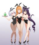  3girls :d :t ^_^ absurdres ahoge animal_ear_fluff animal_ears antenna_hair ass_visible_through_thighs bare_arms bare_shoulders black_footwear black_hairband black_leotard black_neckwear blush bow bowtie braid breasts brown_legwear bunny_ears cat_ears cat_girl cat_tail cleavage closed_eyes closed_mouth collar collarbone commentary_request crossed_arms detached_collar fake_animal_ears fishnet_legwear fishnets gradient gradient_background groin hair_bow hairband high_heels highres holding holding_tray karyl_(princess_connect!) kokkoro_(princess_connect!) large_breasts leotard long_hair low_twintails mo_ying_yu multicolored_hair multiple_girls open_mouth orange_hair pantyhose pecorine pink_bow pink_hair pout princess_connect! princess_connect!_re:dive purple_background purple_hair ringlets shoes silver_hair small_breasts smile standing star_(symbol) strapless strapless_leotard streaked_hair tail thigh_gap tray twintails very_long_hair white_background white_collar white_hair wing_collar 