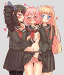  3girls black_hair blonde_hair blue_eyes blush bow breast_grab curly_hair drill_hair glasses grabbing hair_bow long_hair mechanical_arm multiple_girls navel open_mouth original panties pantyhose pink_hair red_eyes sai_koro school_uniform serafuku short_hair skirt skirt_lift twin_drills underwear yuri 