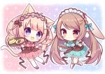  2girls animal_ears antenna_hair blue_bow blue_dress blue_eyes boots bow bowl breasts brown_footwear brown_hair bunny_ears cat_ears cat_girl cat_tail center_frills chibi commentary_request cookie cross-laced_footwear cup dress food frilled_hairband frills hairband heart holding holding_bowl holding_tray knee_boots lace-up_boots light_brown_hair long_hair medium_breasts mixing_bowl multiple_girls original pink_dress pink_footwear pink_hairband puffy_short_sleeves puffy_sleeves red_eyes ryuuka_sane saucer shoes short_sleeves spatula tail thighhighs tray two_side_up very_long_hair white_footwear white_legwear 