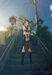  1girl bag black_legwear blew_andwhite blue_sky brown_footwear brown_hair brown_sailor_collar brown_skirt cloud day disconnected_mouth from_below hair_ribbon highres kantai_collection kneehighs lamppost loafers looking_at_viewer outdoors photo_background pole ponytail power_lines ribbon sailor_collar school_bag school_uniform serafuku shikinami_(kantai_collection) shoes short_ponytail skirt sky smile solo stairs 