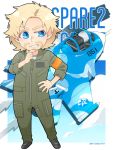  1boy ace_combat ace_combat_7 aircraft airplane armband artist_request beard blonde_hair blue_eyes character_name chibi count_(ace_combat_7) emblem facial_hair fighter_jet grin hand_on_hip hand_on_own_chin hat jet looking_to_the_side military military_vehicle pilot pilot_suit sin_lines smile su-37 top_hat twitter_username 