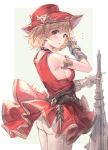  /\/\/\ 1girl :o armlet bare_shoulders belt black_choker black_gloves blonde_hair blush border breasts brown_eyes choker cowboy_shot djeeta_(granblue_fantasy) dress elbow_gloves fingerless_gloves from_side gloves granblue_fantasy grey_background highres holding holding_weapon looking_at_viewer looking_to_the_side mace medium_breasts milli_little monk_(granblue_fantasy) outside_border pants parted_lips red_dress red_headwear short_hair sideboob simple_background sleeveless sleeveless_dress solo weapon white_border white_pants 