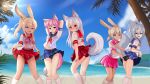  5girls absurdres animal_ears arms_up ass ass_grab bangs beach black_panties blonde_hair blue_eyes blue_sky blunt_bangs blurry blurry_background blush bunny_ears buruma buruma_under_skirt dark_skin day eyebrows_visible_through_hair fangs full-face_blush grey_hair hair_between_eyes highres hotel01 looking_at_another looking_at_viewer multiple_girls one-piece_swimsuit open_mouth original outdoors panties pink_eyes pink_hair pleated_skirt ponytail red_eyes school_uniform serafuku short_hair skirt skirt_basket sky swimsuit swimsuit_under_clothes tail tail_hug tan tanline underwear water wet wet_clothes 