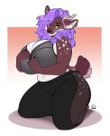  anthro antlers big_breasts boosterpang breasts cervid clothing dominique_(bionichound) ear_piercing ear_ring female hair hi_res horn huge_breasts legwear mammal navel piercing purple_hair slightly_chubby solo thick_thighs tights yoga_pants 