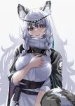  1girl :d animal_ear_fluff animal_ears arknights bangs bead_necklace beads belt black_belt black_cape blush braid breasts cape dress eyebrows_visible_through_hair grey_background grey_eyes hair_between_eyes hand_on_own_chest head_chain head_tilt highres jewelry leopard_ears leopard_tail long_hair looking_at_viewer medium_breasts necklace open_mouth pouch pramanix_(arknights) silver_hair simple_background smile solo tail twin_braids upper_body very_long_hair white_dress xiujia_yihuizi 