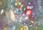  all_male apple barefoot flowers food fruit green_eyes leaves long_hair male orange_(fruit) original petals red_hair tagme_(artist) water wet 