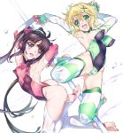  2girls absurdres akatsuki_kirika arched_back ass bangs black_hair blonde_hair blunt_bangs blush breasts cameltoe covered_navel covered_nipples green_eyes green_leotard hair_ornament highleg highleg_leotard highres impossible_clothes impossible_leotard leotard long_hair medium_breasts multiple_girls niko_(tama) open_mouth pink_eyes pink_leotard pole_dancing senki_zesshou_symphogear shiny shiny_clothes shiny_hair shiny_skin short_hair skin_tight smile tsukuyomi_shirabe twintails x_hair_ornament 