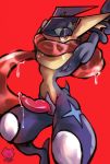  2020 amphibian anthro bodily_fluids darkluxia erection genital_fluids genitals greninja hi_res long_tongue looking_at_viewer male nintendo penis pok&eacute;mon pok&eacute;mon_(species) precum red_background red_eyes saliva signature simple_background solo tongue video_games 