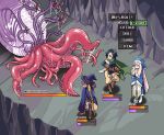  3girls ahoge black_hair boots braid cave dagger fantasy flail gameplay_mechanics hat highlights long_hair monster morning_star multicolored_hair multiple_girls original pink_hair priestess sexually_suggestive short_hair staff tentacles translated weapon wizard wizard_hat yukataro 