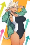  1girl :d absurdres ahoge animal_ear_fluff animal_ears armpits arrow_(symbol) bangs blonde_hair breasts cat_ears cat_girl cat_tail cleavage collarbone commentary competition_swimsuit cowboy_shot dark_skin extra_ears fang green_jacket hair_between_eyes hands_up highres jacket kr_ohoshisama large_breasts long_sleeves looking_at_viewer one-piece_swimsuit open_clothes open_jacket open_mouth original simple_background skin_fang smile solo swimsuit tail v_over_eye 