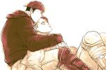  2boys aikawa_(dorohedoro) bara black_hair blonde_hair blush closed_eyes couple dorohedoro forehead forehead_kiss gloves hat hug kiss long_sleeves looking_at_another male_focus monochrome multicolored_hair multiple_boys open_mouth pink_theme risu_(dorohedoro) shinnyagenki tattoo yaoi 