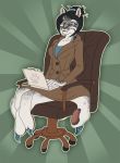  2015 anthro business_dress chair colored_nails computer eyewear felid feline female furniture glasses hand_taur laptop lynx mammal nails rukushi simple_background sitting solo taur unknown_artist 