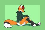  2018 4_toes anthro arm_on_leg black_body black_fur blue_eyes canid canine clothing diaper fluffy fluffy_tail fox fur green_background green_clothing green_hoodie green_topwear hair hoodie looking_at_viewer male mammal myoti orange_body orange_fur pawpads pink_pawpads red_hair simple_background sitting solo toes topwear white_body white_fur 