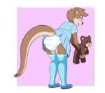  2018 anthro black_nose blue_clothing blue_footwear blue_leggings blue_legwear blue_uniform brown_body brown_fur clothing diaper footwear fur girly hypnosis leggings legwear lutrine male mammal mind_control mustelid myoti open_mouth plushie school_uniform solo standing uniform upskirt 