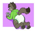  2017 4_toes 5_fingers anthro black_nose black_pawpads blue_eyes butt clothing diaper fingers fur furgonomics game_boy game_boy_family gaming green_clothing green_hoodie green_topwear grey_body grey_fur hoodie hyaenid male mammal myoti nintendo pawpads smile solo toes topwear video_games 