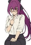  1girl bangs black_bow black_shirt blush bow breasts closed_mouth collared_shirt dress_shirt fate/grand_order fate_(series) glasses hair_between_eyes hair_bow highres hiro_(hirohiro_gorira) large_breasts long_hair long_sleeves looking_to_the_side ponytail purple_hair red_eyes scathach_(fate)_(all) scathach_skadi_(fate/grand_order) shirt simple_background sitting sleeves_rolled_up watch white_shirt wristwatch 