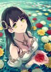  1girl afloat bare_shoulders black_hair blush breasts chain cleavage closed_mouth eyebrows_visible_through_hair fingernails flower green_eyes hair_ornament highres jewelry kusano_shinta long_fingernails long_hair looking_at_viewer mole mole_under_eye necklace off-shoulder_shirt off_shoulder original partially_submerged petals pink_nails red_flower red_rose rose shirt smile solo water white_flower yellow_flower 