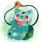  1:1 2020 ambiguous_gender bulbasaur claws cute_fangs detailed_background digital_media_(artwork) feral green_background green_body happy mammal nintendo open_mouth petals plant pok&eacute;mon pok&eacute;mon_(species) red_eyes scalie simple_background solo video_games vines white_background zoroa553 