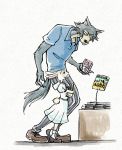  2020 anthro beastars bottomwear canid canine canis clothed clothing duo footwear fully_clothed fur grey_body grey_fur haru_(beastars) holding_object ktandoku lagomorph legoshi_(beastars) leporid mammal pants rabbit shirt shoes simple_background standing topwear white_background white_body white_fur wolf 