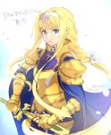  1girl alice_schuberg armor blonde_hair blue_cape blue_eyes braid cape closed_mouth commentary_request dated floating_hair gold_armor hairband highres holding holding_sword holding_weapon long_hair looking_at_viewer serious sheath sheathed sidelocks sketch solo standing sword sword_art_online sword_art_online_alicization tokira_nozumi translation_request twitter_username very_long_hair weapon white_hairband 
