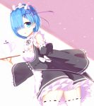  1girl blue_eyes blue_hair blush breasts ddt_(darktrident) detached_sleeves dress hair_ribbon highres large_breasts maid maid_dress maid_headdress neck_ribbon panties pink_ribbon re:zero_kara_hajimeru_isekai_seikatsu rem_(re:zero) ribbon short_hair solo underwear white_panties 